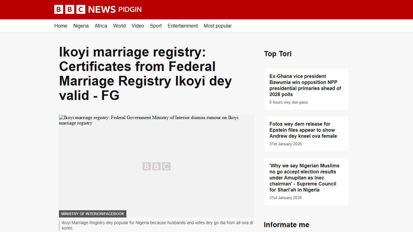 Ikoyi marriage registry: Certificates from Federal Marriage Registry Ikoyi dey valid - FG - BBC News Pidgin